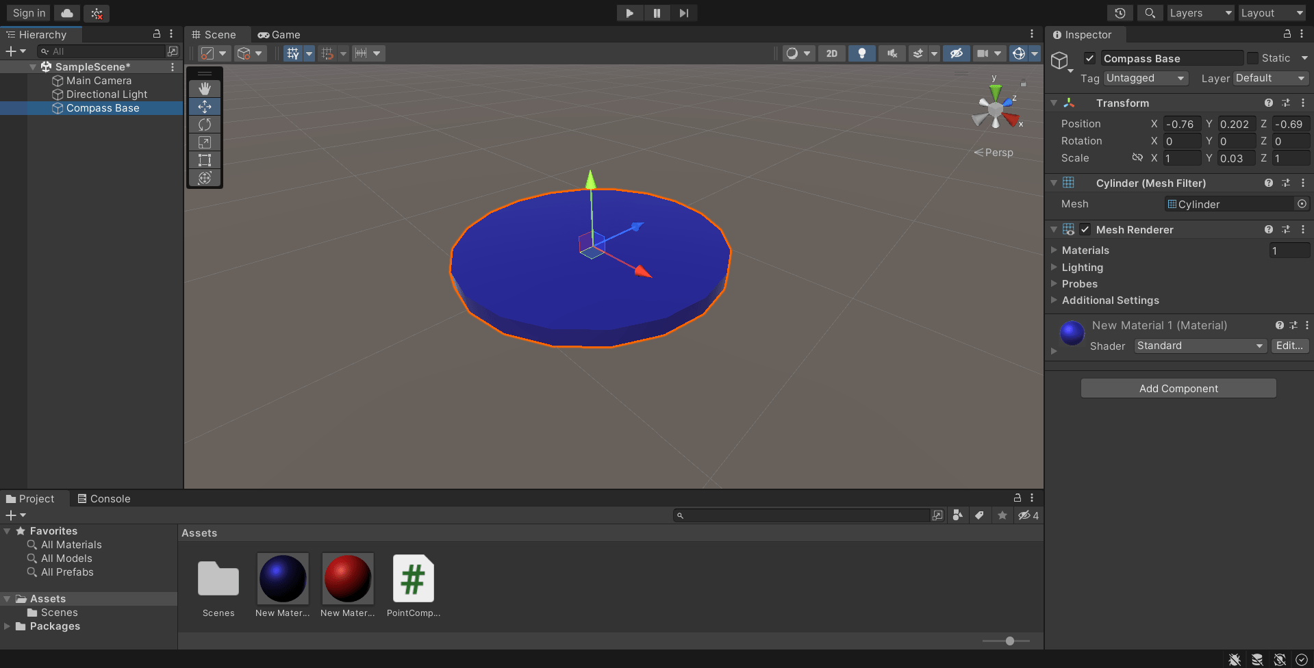 Unity screenshot showing a flattened cylinder which makes up the base of our compass.