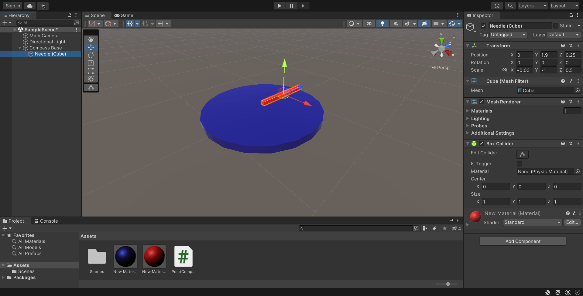 Unity screenshot showing an elongated cube which makes up the needle of our compass.