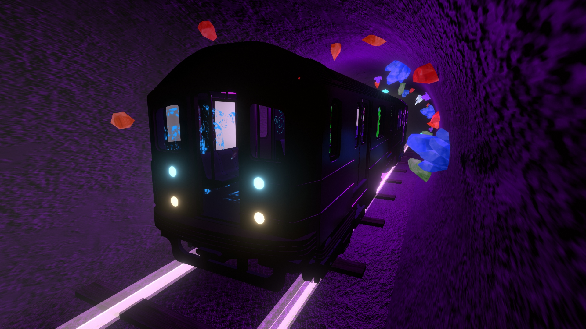 A glowing subway car in a dark tunnel.