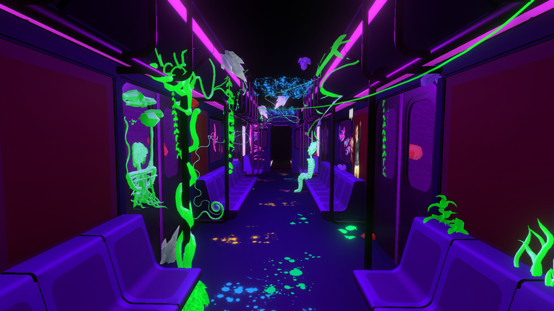 The interior of the subway car featuring neon 3D graffiti and neon paint splotches on the floor.