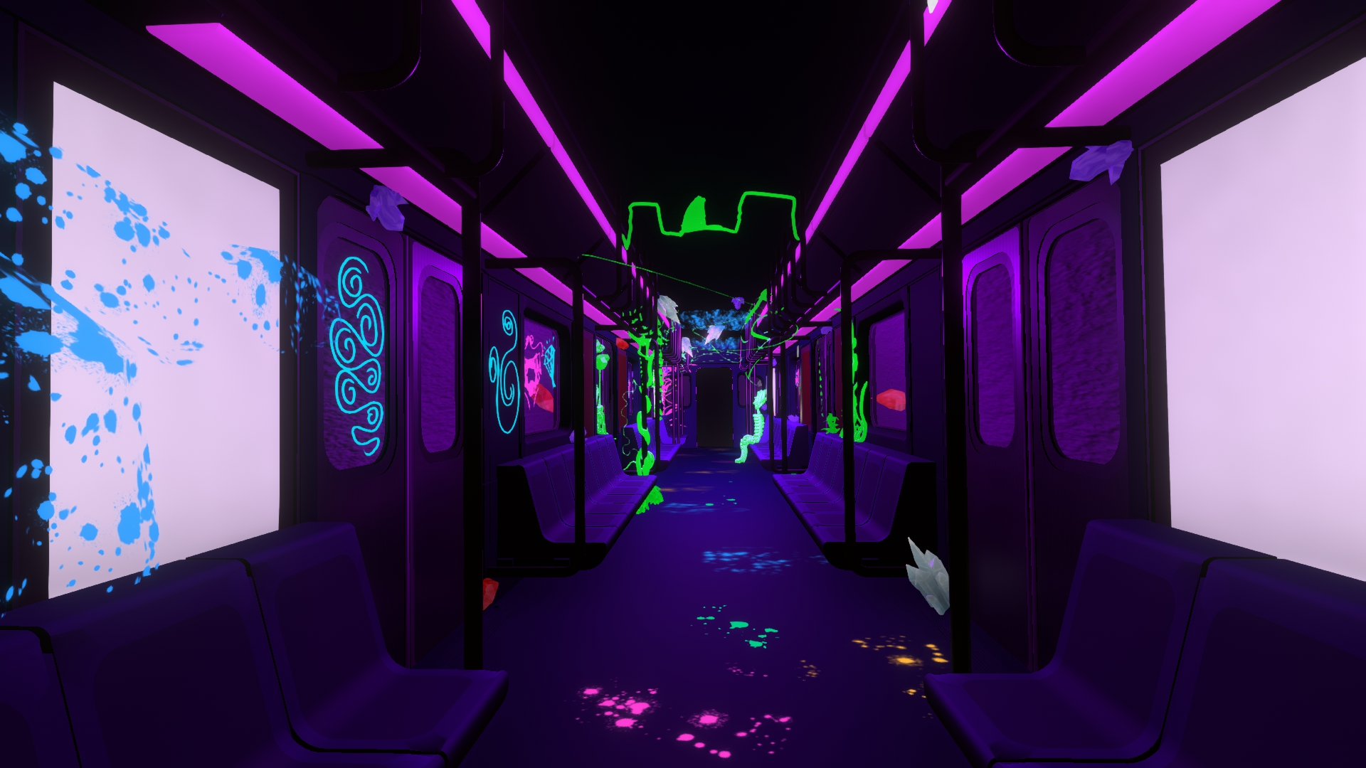 The interior of the subway car featuring neon 3D graffiti and neon paint splotches on the floor.