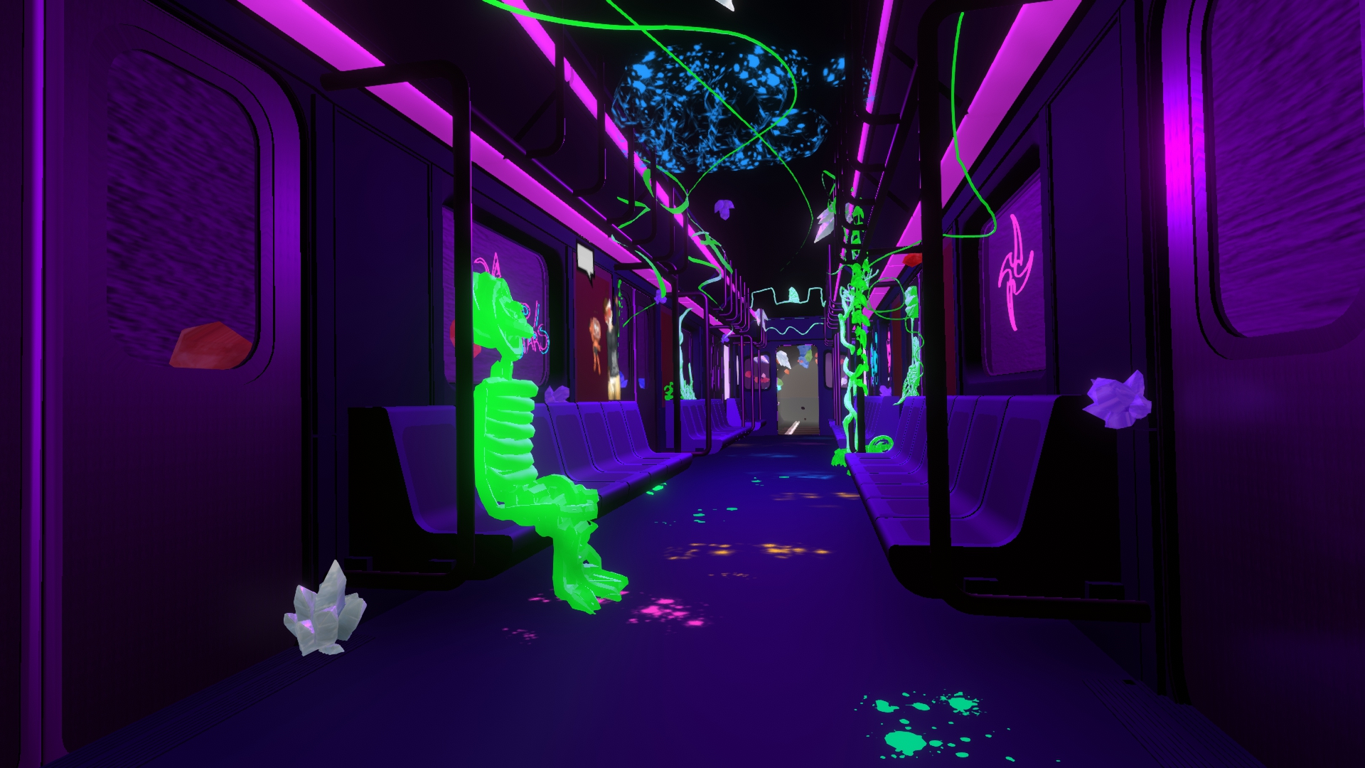 The interior of the subway car with a 3D drawn figure of a person.