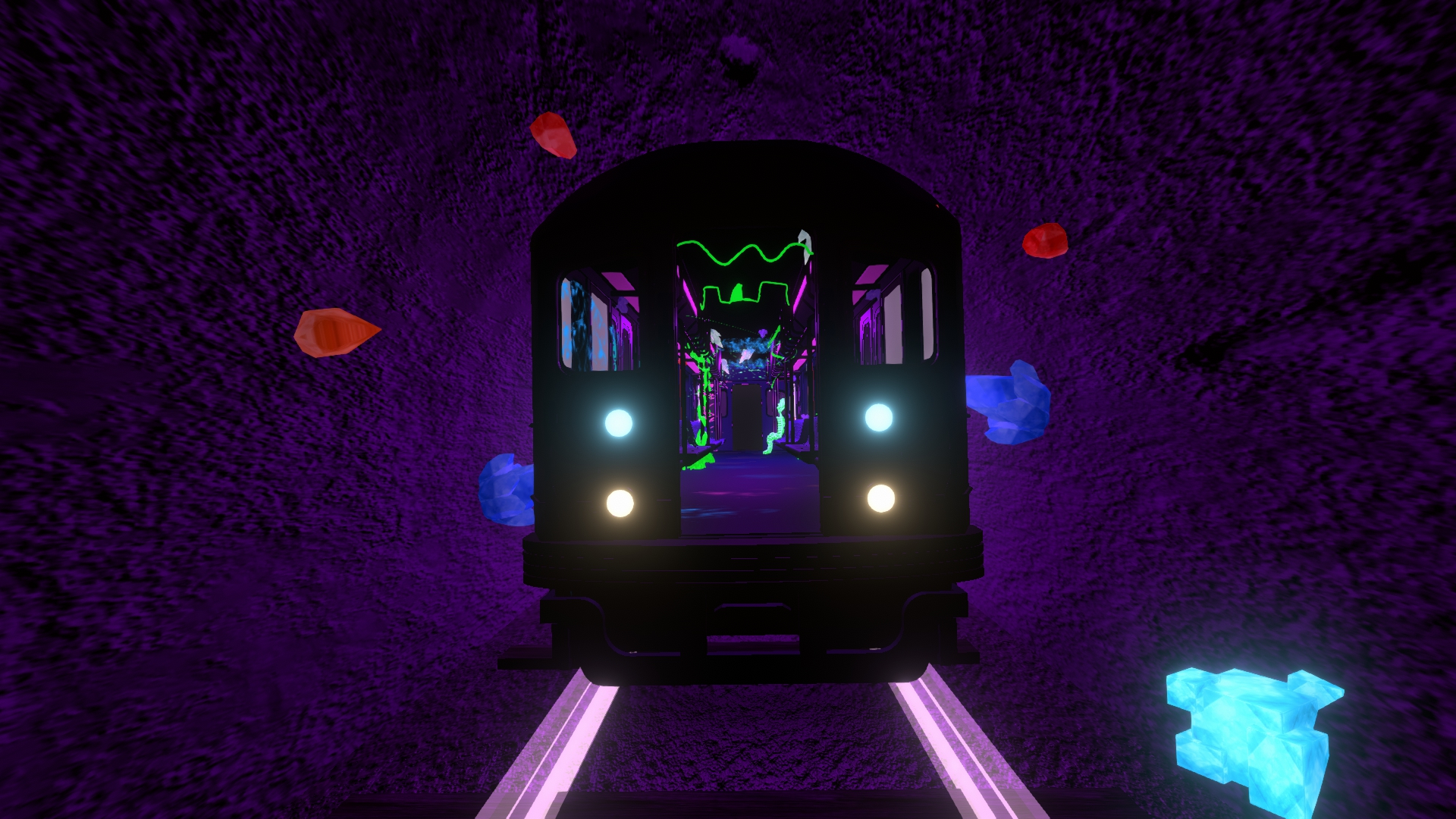 A dark subway tunnel with a subway car glowing in neon colours, and glowing rocks embedded in the wall.