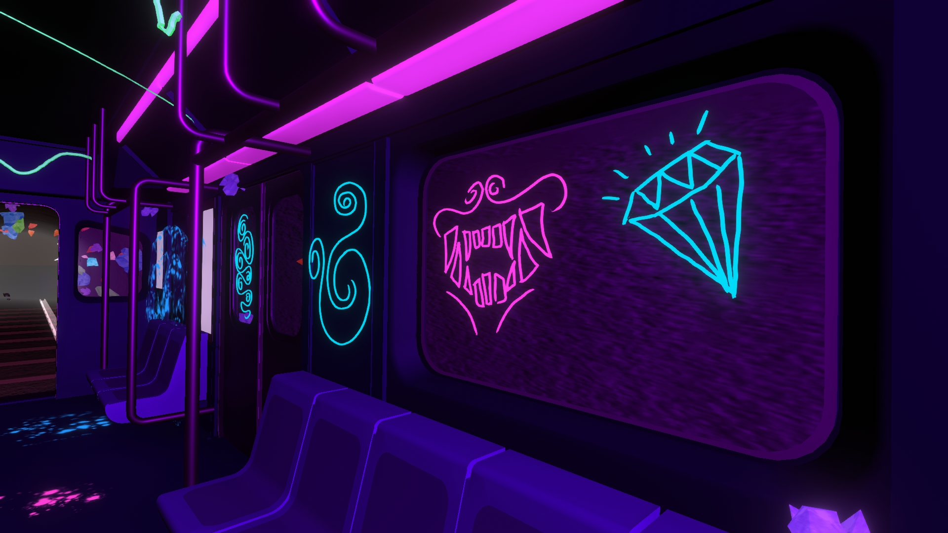 A close-up showing neon graffiti on the windows of the subway car.