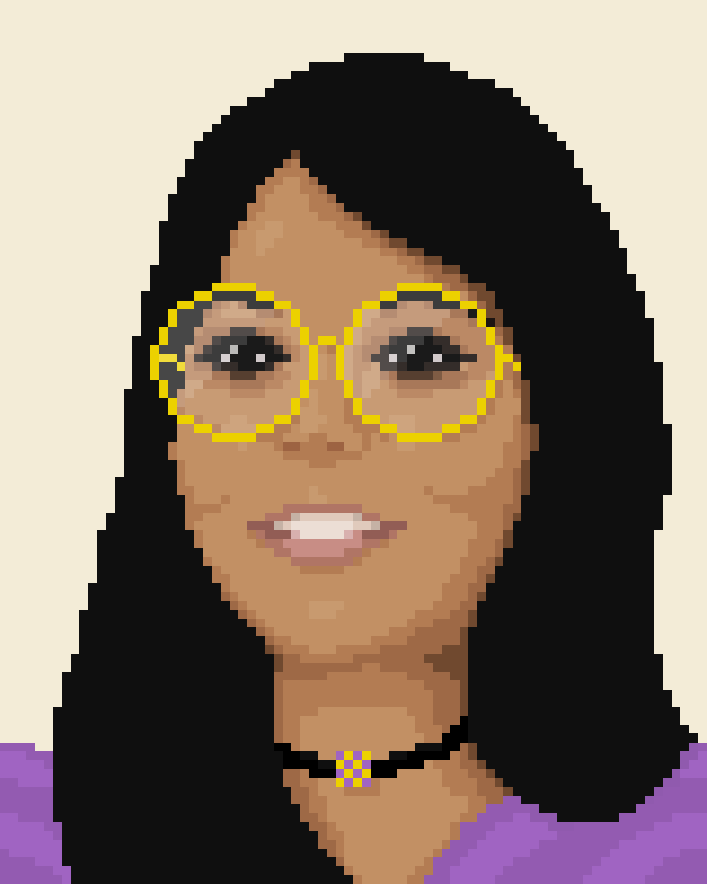 Pixel artwork of a woman wearing round yellow glasses and a choker, with a purple top.