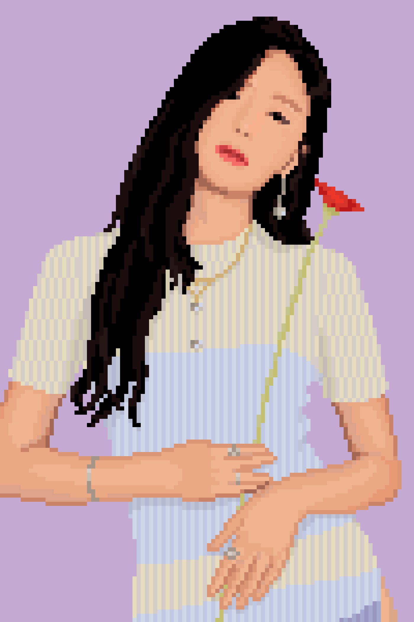 Pixel artwork of Seulgi from Red Velvet holding a red flower.