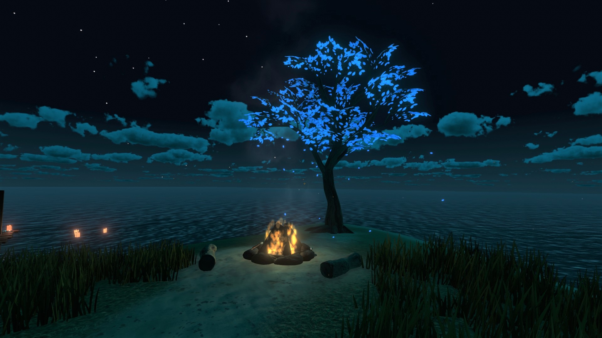 A part of Firefly Island with a campfire with two log seats next to it, and a glowing blue tree behind it.