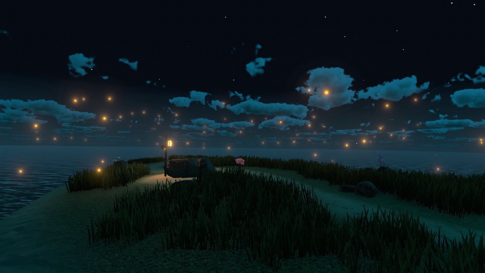 A wide shot of Firefly Island showing bright fireflies in the atmosphere, with clouds in the background.