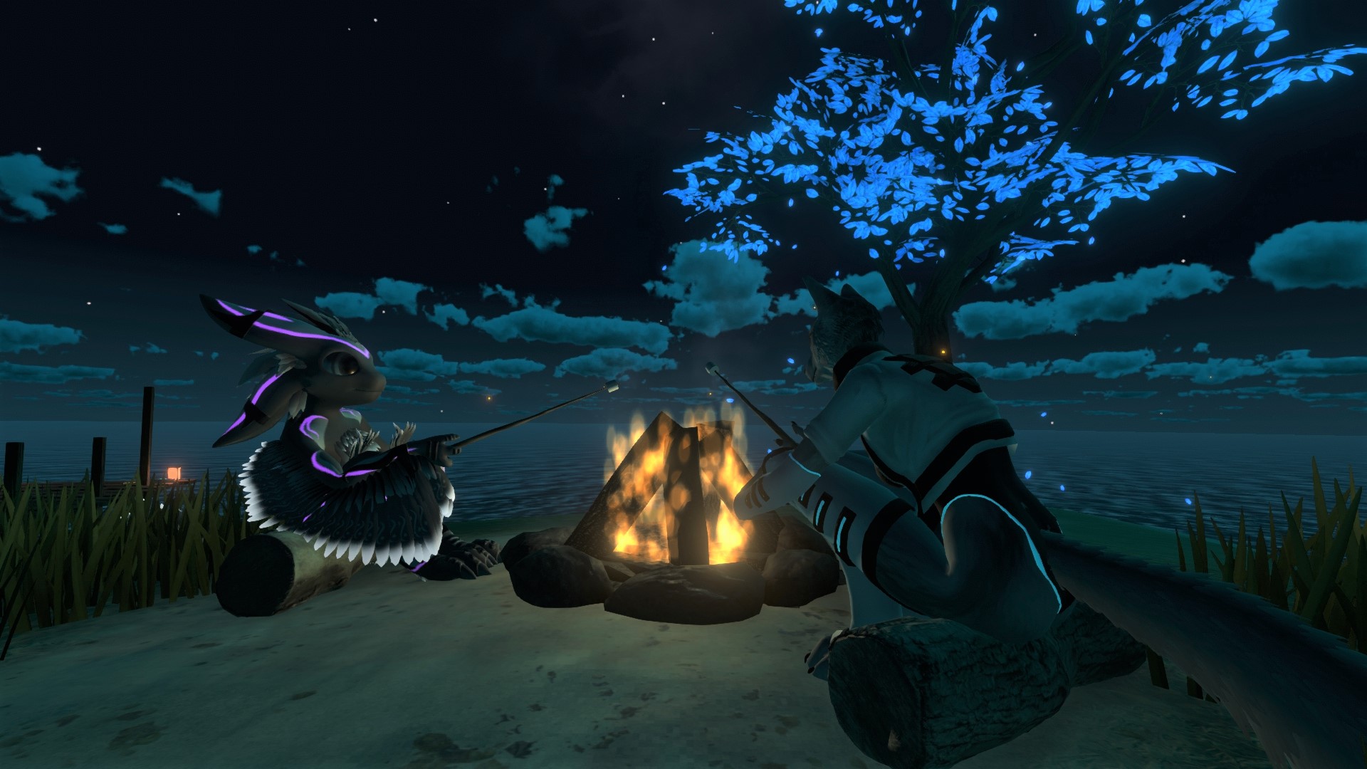 Two people with animal-like avatars sitting around the campfire, roasting marshmallows.