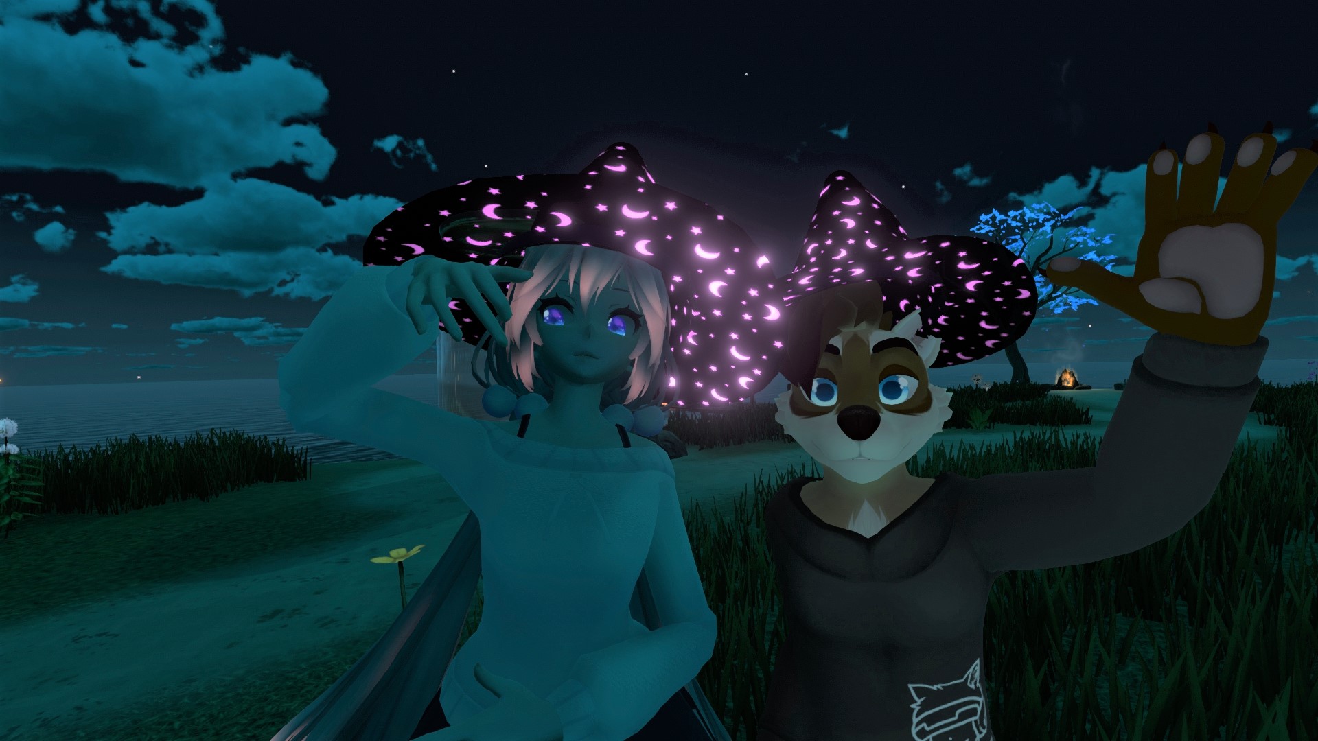 A selfie taken by two people in Firefly Island. One of them sports an anime avatar while the other is in a furry avatar. They are both wearing brightly glowing witch hats.