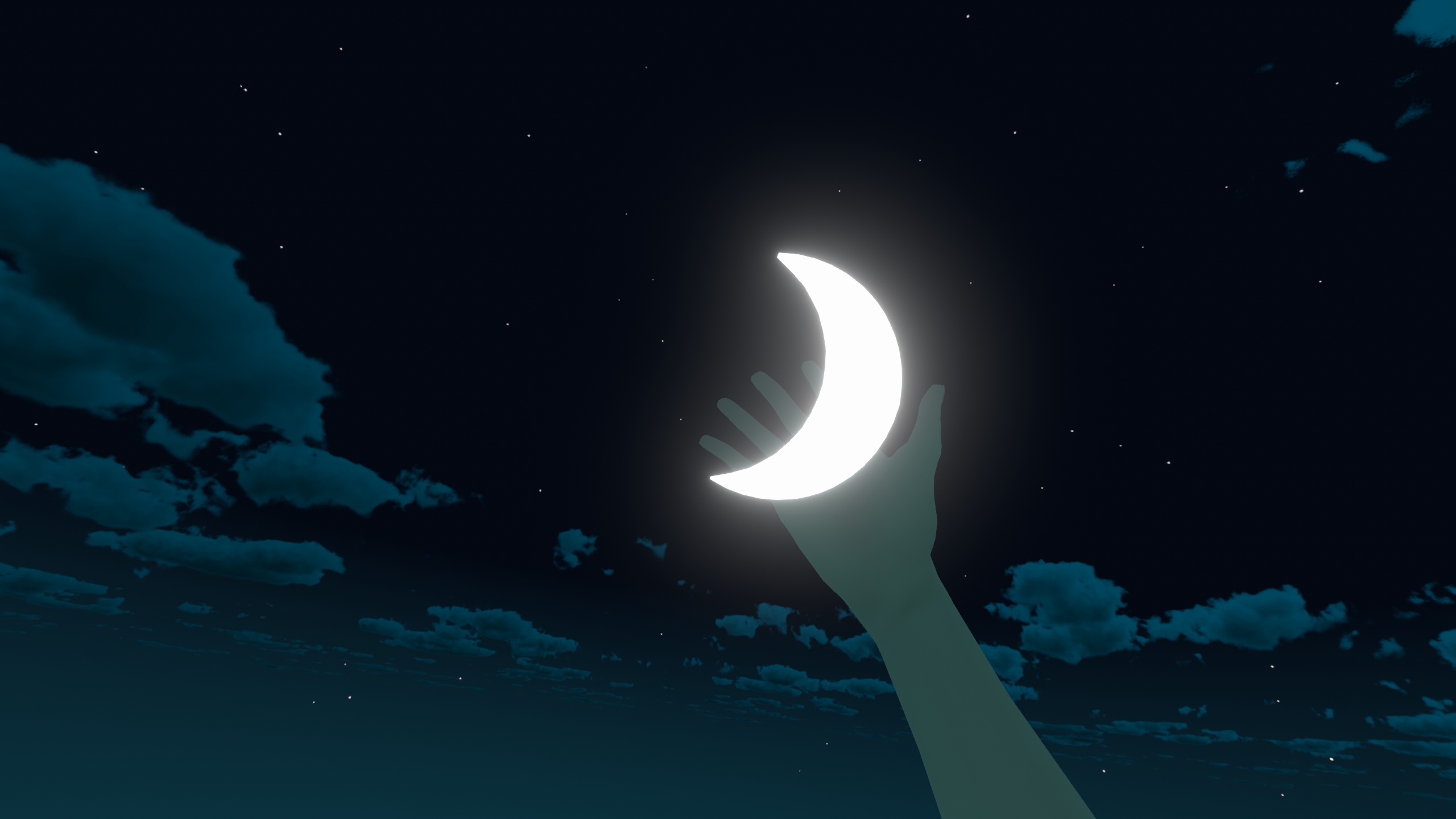 First-person view of an avatar's hand reaching out and grabbing the moon on Firefly Island.