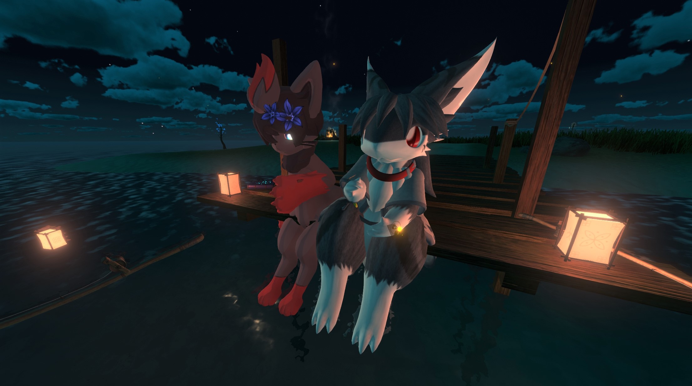 Two people with animal-like avatars sitting at the end of the dock on Firefly Island.