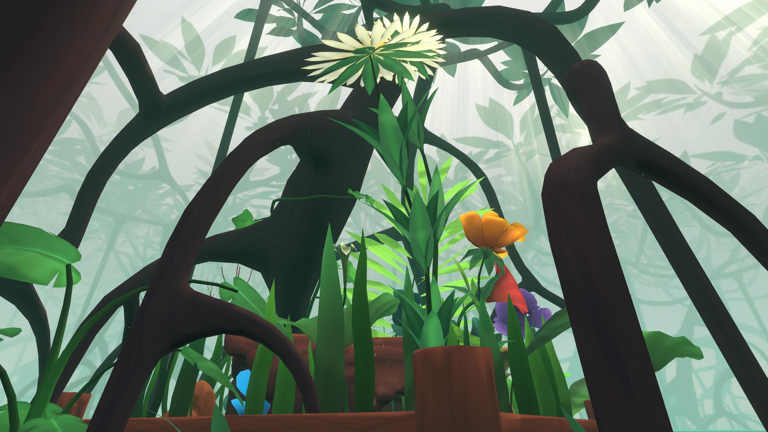 A player perspective of the game world, showing plants, grass, and sunlight shafts through the tree above.