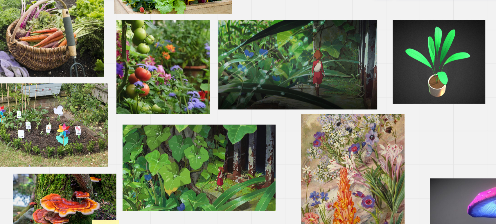 A screenshot of a Miro board showing various images of nature, flowers, and gardens. Two stills from the film Arrietty are also present.