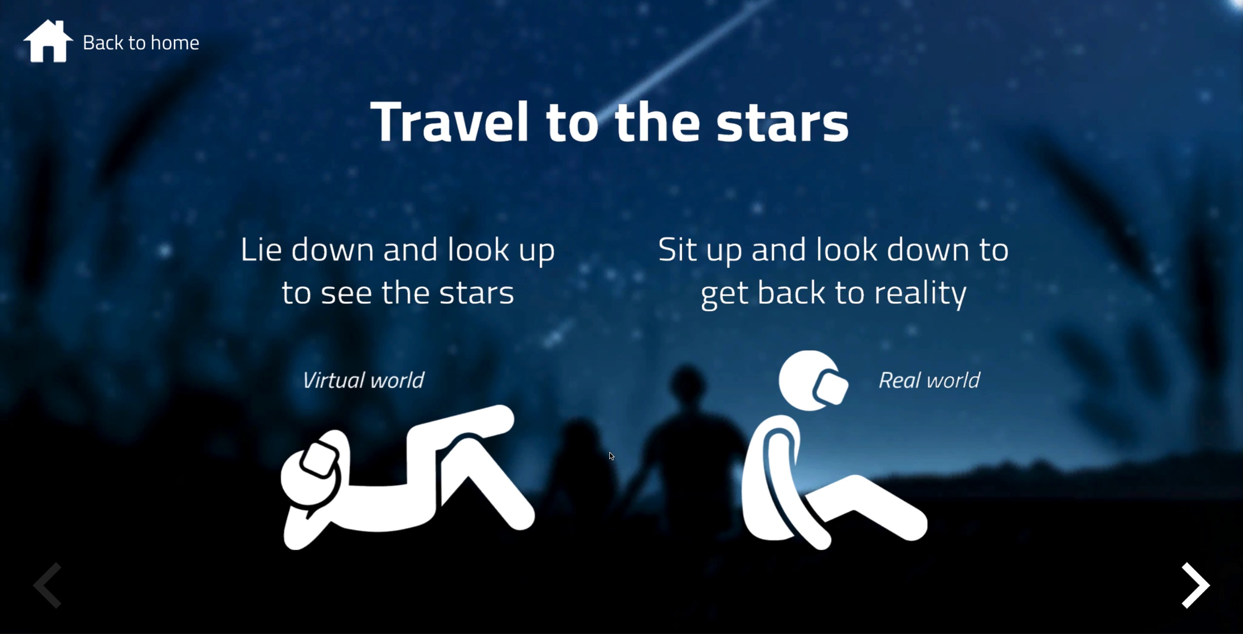 The onboarding screen of the VR stargazing app, which explains that lying down while wearing the VR headset will transport the user to the virtual stargazing world.