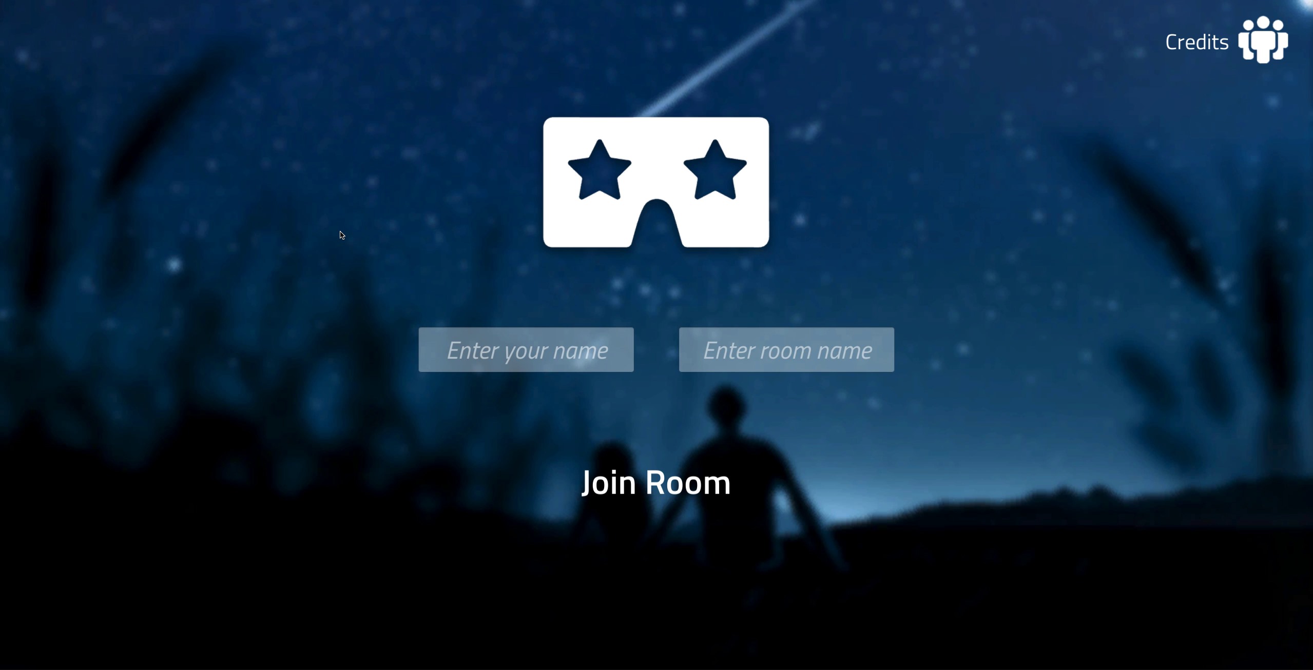 The startup screen on the stargazing app where users can enter their name and a room name.