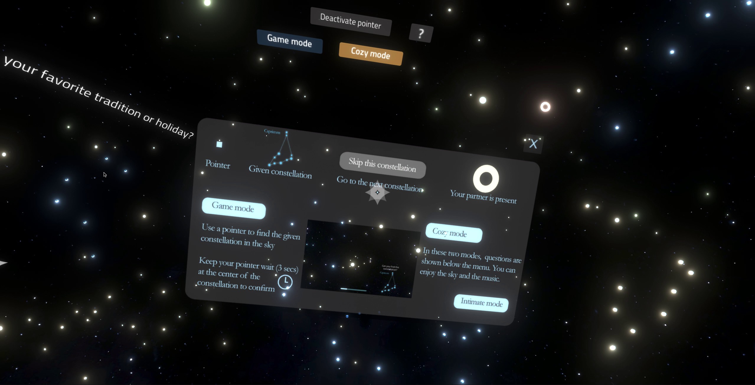 The dashboard within the VR stargazing app, with a starry sky in the background.