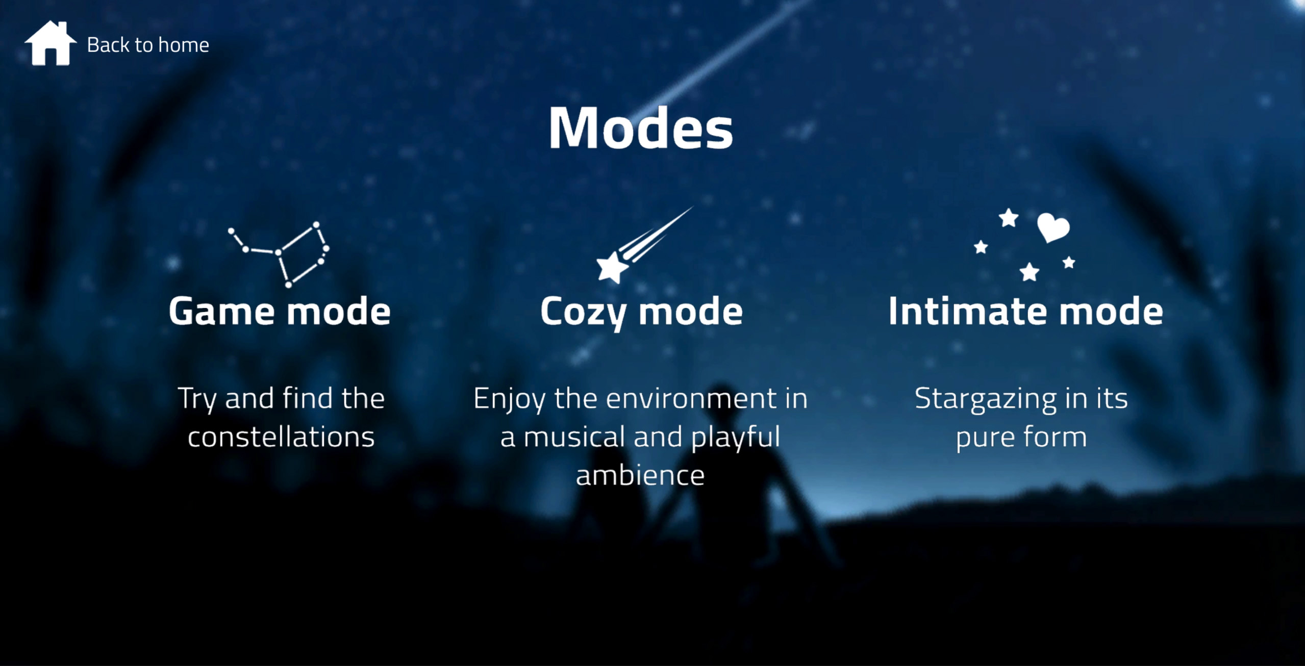 An onboarding showing the 3 modes in the stargazing app: a game mode, cozy mode, and intimate mode.